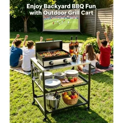 VEVOR Outdoor Grill Cart, 31.5 x 24.0 inch Stainless Steel Tabletop Size Grilling Table, Outdoor Cooking Table with 4 Wheels & Side Handle, Two Mesh Shelves, BBQ Prep Tables for Patio, Garden
