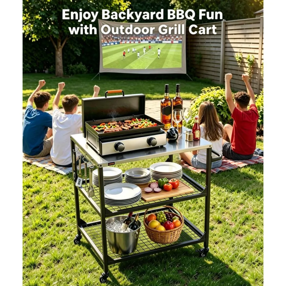 VEVOR Outdoor Grill Cart, 31.5 x 24.0 inch Stainless Steel Tabletop Size Grilling Table, Outdoor Cooking Table with 4 Wheels & Side Handle, Two Mesh Shelves, BBQ Prep Tables for Patio, Garden