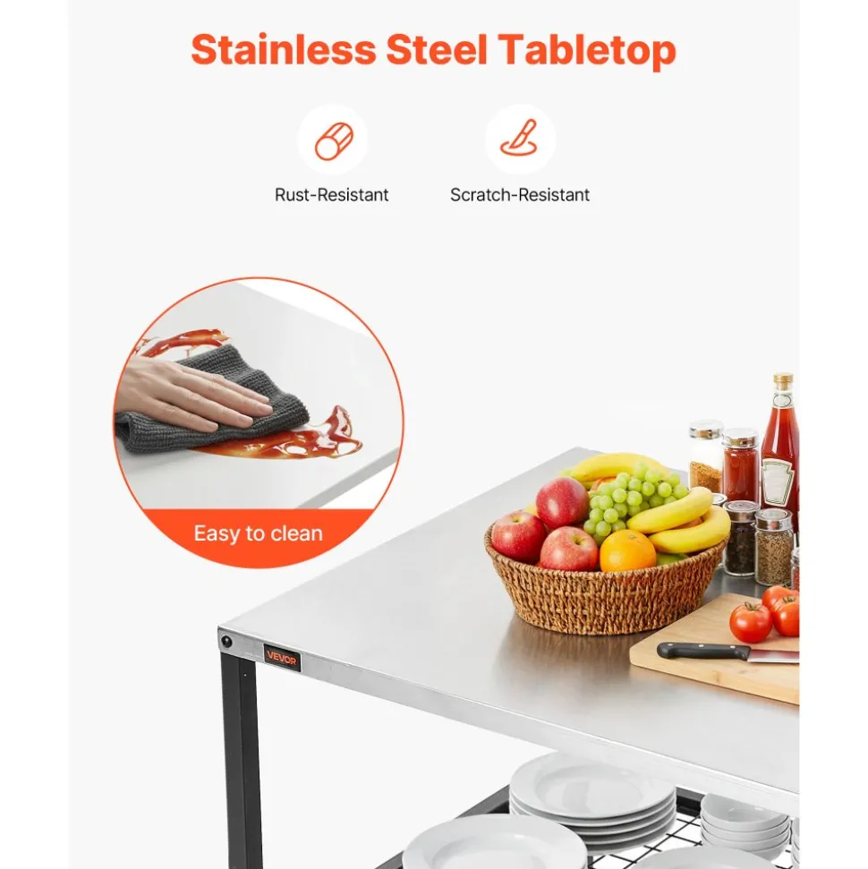 VEVOR Outdoor Grill Cart, 31.5 x 24.0 inch Stainless Steel Tabletop Size Grilling Table, Outdoor Cooking Table with 4 Wheels & Side Handle, Two Mesh Shelves, BBQ Prep Tables for Patio, Garden