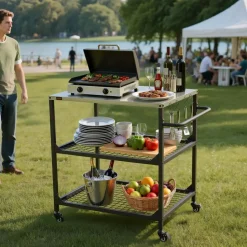 VEVOR Outdoor Grill Cart, 31.5 x 24.0 inch Stainless Steel Tabletop Size Grilling Table, Outdoor Cooking Table with 4 Wheels & Side Handle, Two Mesh Shelves, BBQ Prep Tables for Patio, Garden