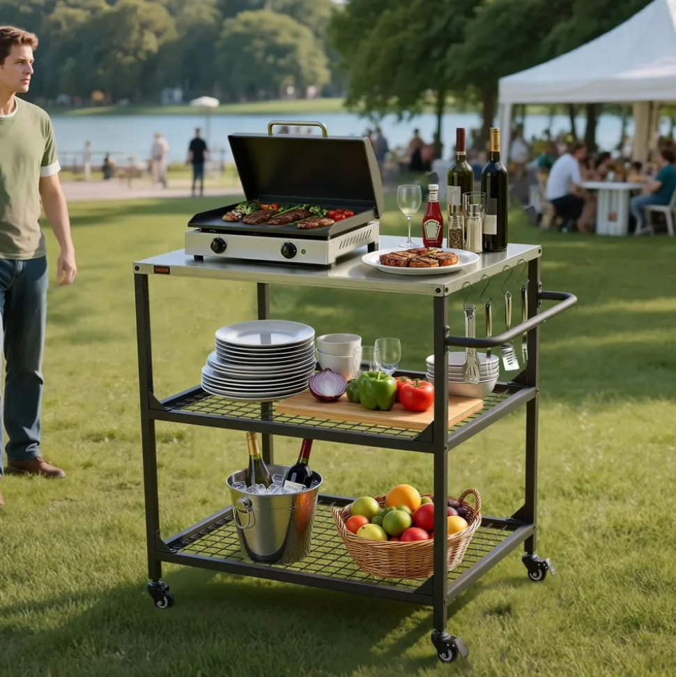 VEVOR Outdoor Grill Cart, 31.5 x 24.0 inch Stainless Steel Tabletop Size Grilling Table, Outdoor Cooking Table with 4 Wheels & Side Handle, Two Mesh Shelves, BBQ Prep Tables for Patio, Garden