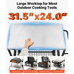 VEVOR Outdoor Grill Cart, 31.5 x 24.0 inch Stainless Steel Tabletop Size Grilling Table, Outdoor Cooking Table with 4 Wheels & Side Handle, Two Mesh Shelves, BBQ Prep Tables for Patio, Garden