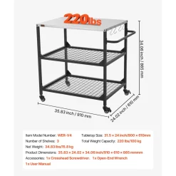 VEVOR Outdoor Grill Cart, 31.5 x 24.0 inch Stainless Steel Tabletop Size Grilling Table, Outdoor Cooking Table with 4 Wheels & Side Handle, Two Mesh Shelves, BBQ Prep Tables for Patio, Garden