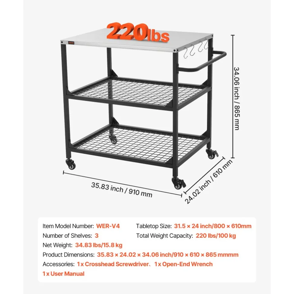 VEVOR Outdoor Grill Cart, 31.5 x 24.0 inch Stainless Steel Tabletop Size Grilling Table, Outdoor Cooking Table with 4 Wheels & Side Handle, Two Mesh Shelves, BBQ Prep Tables for Patio, Garden
