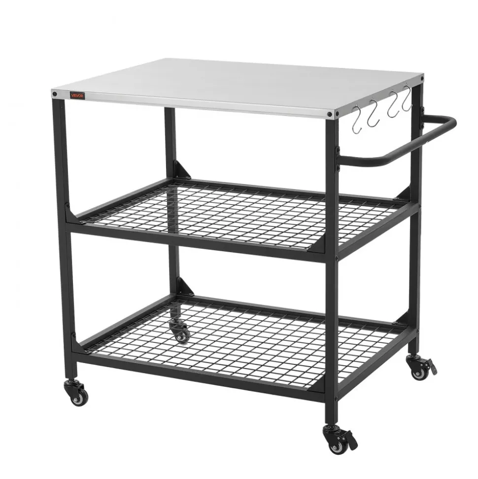 VEVOR Outdoor Grill Cart, 31.5 x 24.0 inch Stainless Steel Tabletop Size Grilling Table, Outdoor Cooking Table with 4 Wheels & Side Handle, Two Mesh Shelves, BBQ Prep Tables for Patio, Garden