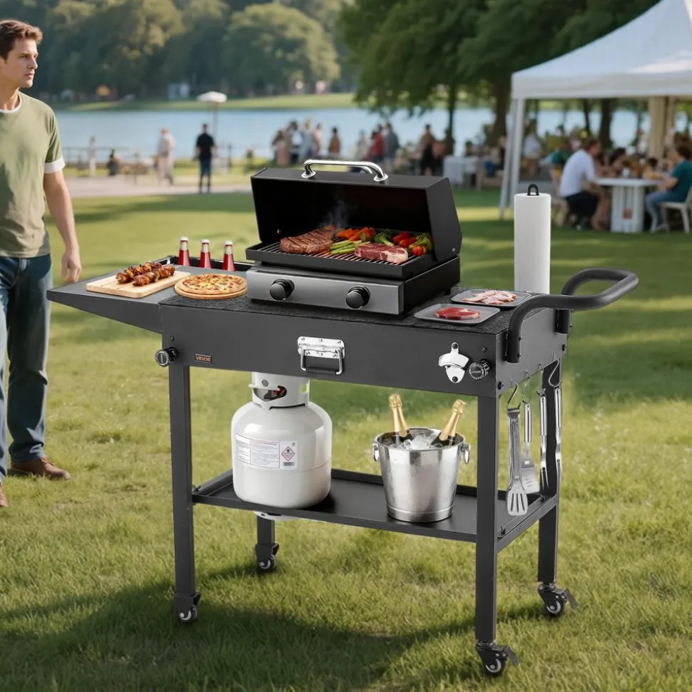VEVOR Outdoor Grill Cart, 31.0 x 17.0 inch Tabletop Size Grilling Table, Foldable Outdoor Cooking Table with Tissue Holder, Hooks, Wheels, Side Table, BBQ Prep Tables for Picnic, Kitchen, Courtyard