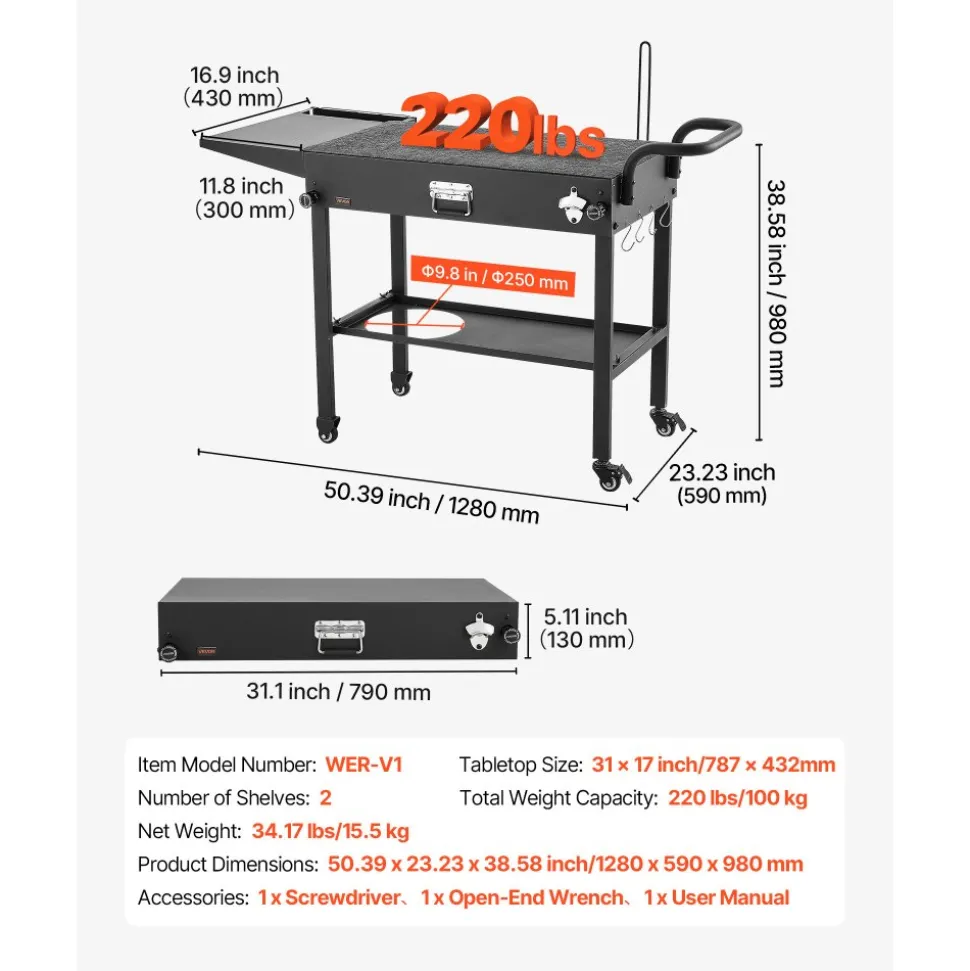 VEVOR Outdoor Grill Cart, 31.0 x 17.0 inch Tabletop Size Grilling Table, Foldable Outdoor Cooking Table with Tissue Holder, Hooks, Wheels, Side Table, BBQ Prep Tables for Picnic, Kitchen, Courtyard