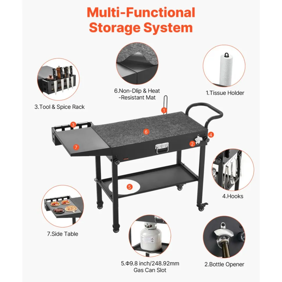 VEVOR Outdoor Grill Cart, 31.0 x 17.0 inch Tabletop Size Grilling Table, Foldable Outdoor Cooking Table with Tissue Holder, Hooks, Wheels, Side Table, BBQ Prep Tables for Picnic, Kitchen, Courtyard