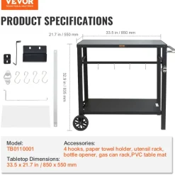 VEVOR Outdoor Grill Dining Cart with Double-Shelf, BBQ Movable Food Prep Table, Multifunctional Iron Table Top, Portable Modular Carts for Pizza Oven, Worktable with 2 Wheels, Carry Handle, Black