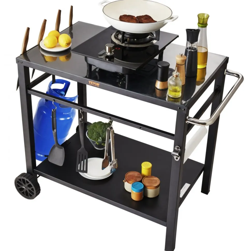 VEVOR Outdoor Grill Dining Cart with Double-Shelf, BBQ Movable Food Prep Table, Multifunctional Iron Table Top, Portable Modular Carts for Pizza Oven, Worktable with 2 Wheels, Carry Handle, Black