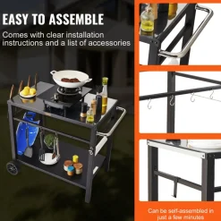 VEVOR Outdoor Grill Dining Cart with Double-Shelf, BBQ Movable Food Prep Table, Multifunctional Iron Table Top, Portable Modular Carts for Pizza Oven, Worktable with 2 Wheels, Carry Handle, Black