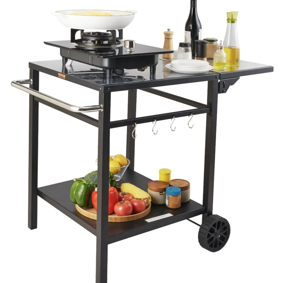 VEVOR Outdoor Grill Dining Cart with Double-Shelf, BBQ Movable Food Prep Table, Multifunctional Foldable Iron Table Top, Portable Modular Carts for Pizza Oven, Worktable with 2 Wheels, Carry Handle