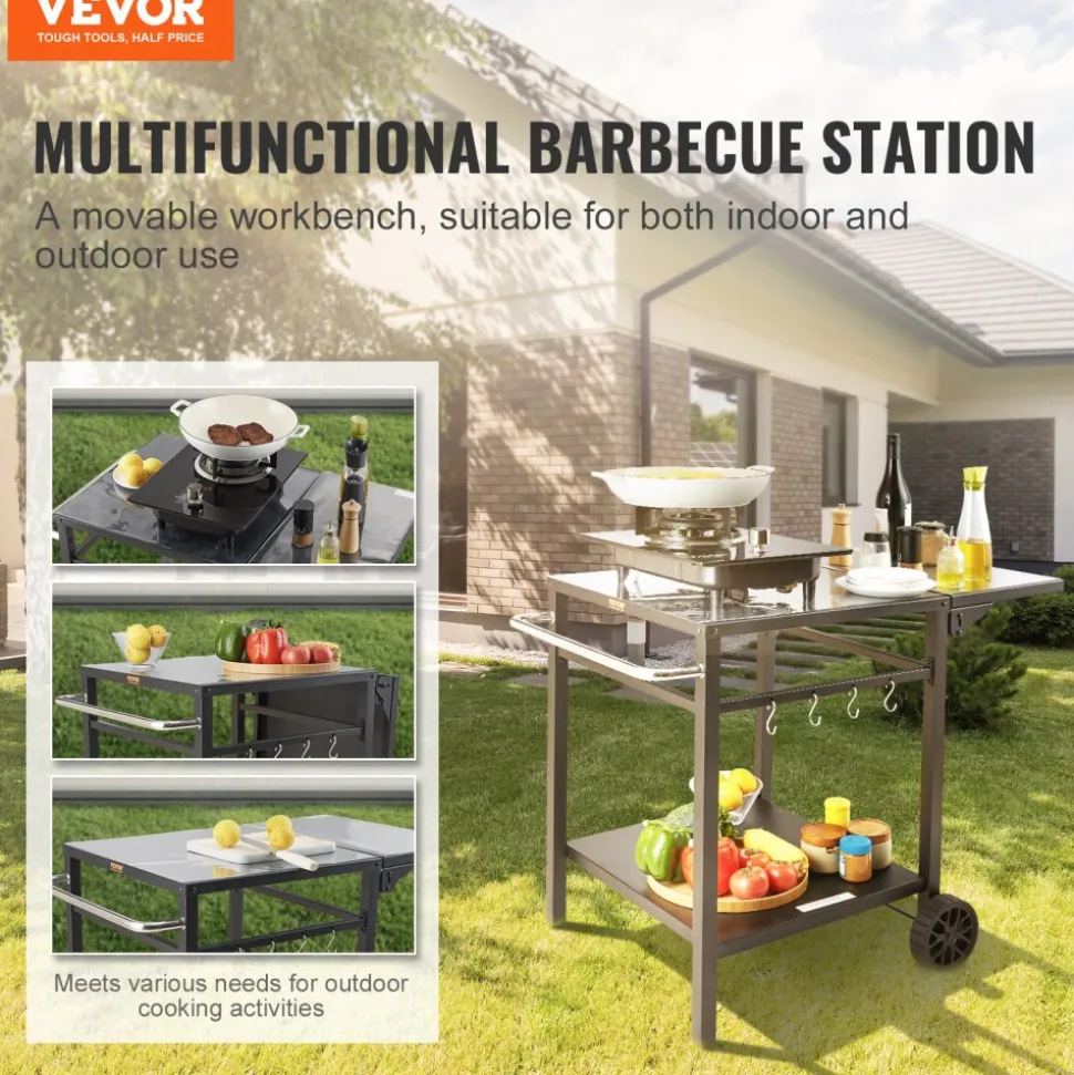 VEVOR Outdoor Grill Dining Cart with Double-Shelf, BBQ Movable Food Prep Table, Multifunctional Foldable Iron Table Top, Portable Modular Carts for Pizza Oven, Worktable with 2 Wheels, Carry Handle