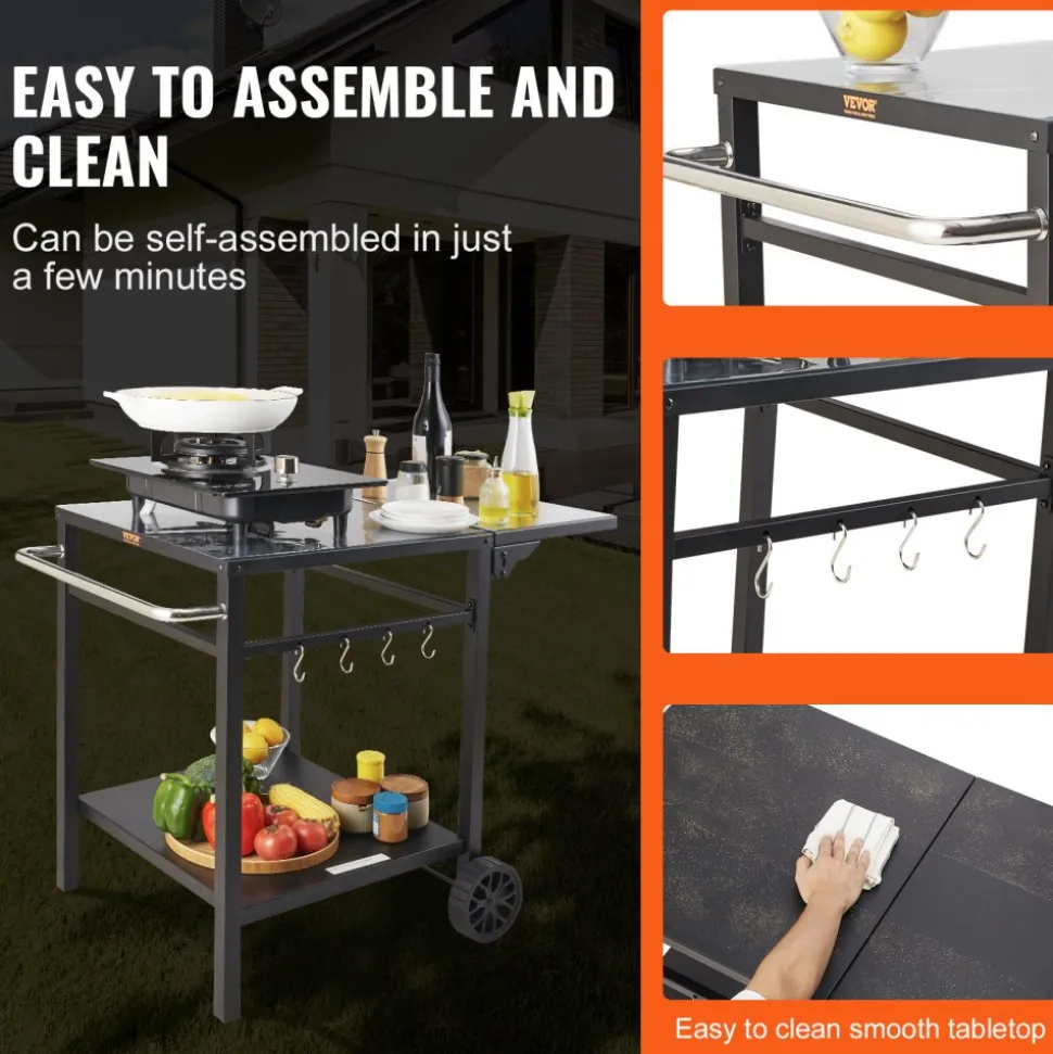 VEVOR Outdoor Grill Dining Cart with Double-Shelf, BBQ Movable Food Prep Table, Multifunctional Foldable Iron Table Top, Portable Modular Carts for Pizza Oven, Worktable with 2 Wheels, Carry Handle