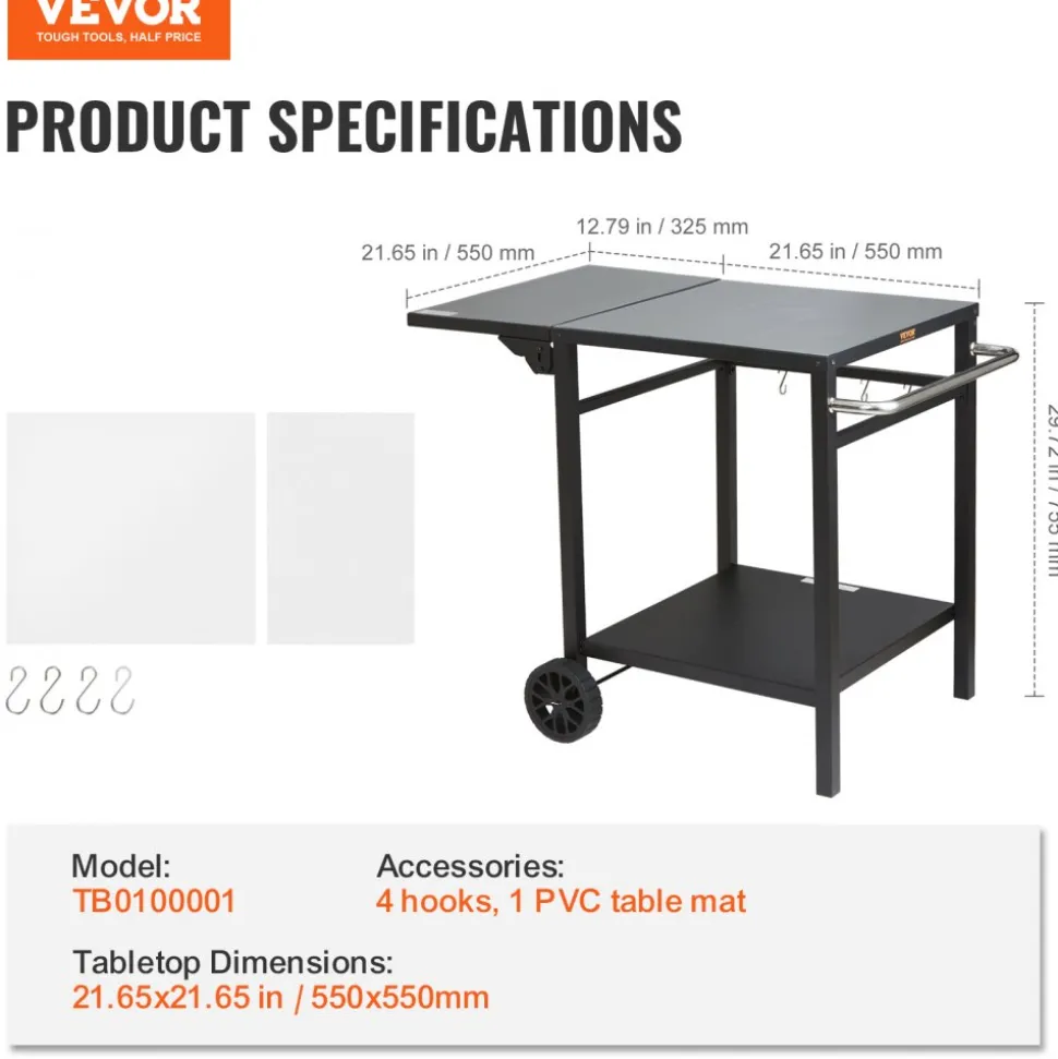 VEVOR Outdoor Grill Dining Cart with Double-Shelf, BBQ Movable Food Prep Table, Multifunctional Foldable Iron Table Top, Portable Modular Carts for Pizza Oven, Worktable with 2 Wheels, Carry Handle