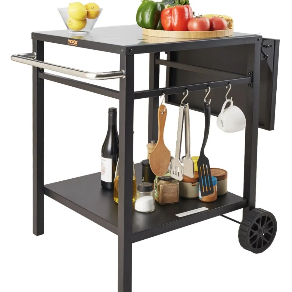 VEVOR Outdoor Grill Dining Cart with Double-Shelf, BBQ Movable Food Prep Table, Multifunctional Foldable Iron Table Top, Portable Modular Carts for Pizza Oven, Worktable with 2 Wheels, Carry Handle
