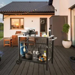 VEVOR Outdoor Grill Dining Cart with Double-Shelf, BBQ Movable Food Prep Table, Multifunctional Stainless Steel Table Top, Portable Modular Carts for Pizza Oven, Worktable with 2 Wheels, Carry Handle