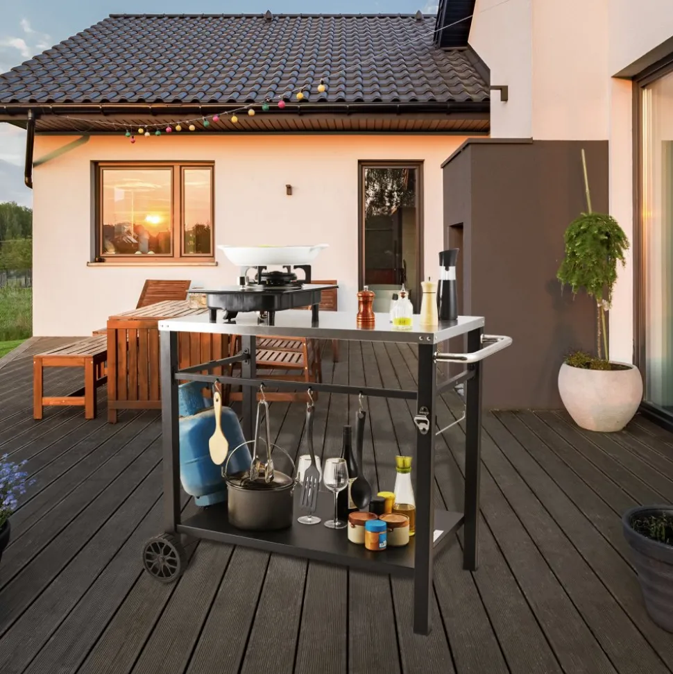 VEVOR Outdoor Grill Dining Cart with Double-Shelf, BBQ Movable Food Prep Table, Multifunctional Stainless Steel Table Top, Portable Modular Carts for Pizza Oven, Worktable with 2 Wheels, Carry Handle