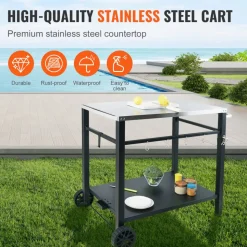 VEVOR Outdoor Grill Dining Cart with Double-Shelf, BBQ Movable Food Prep Table, Multifunctional Stainless Steel Table Top, Portable Modular Carts for Pizza Oven, Worktable with 2 Wheels, Carry Handle