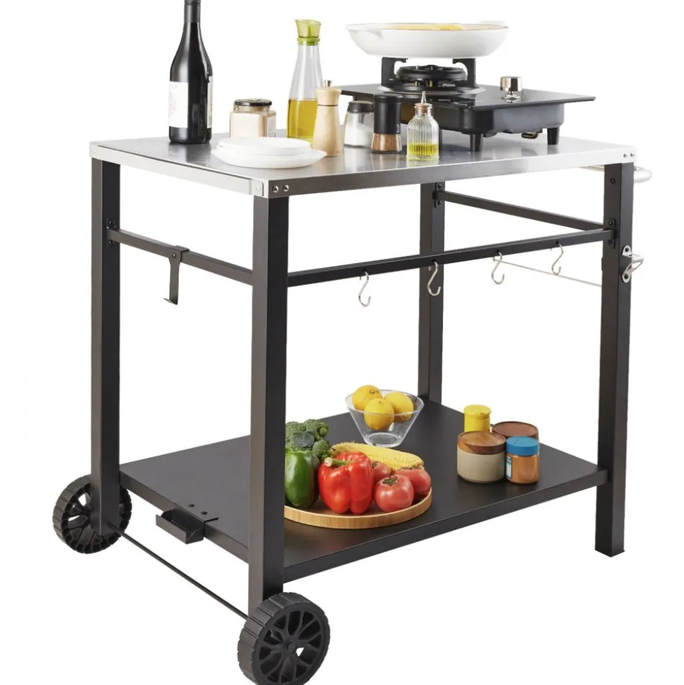 VEVOR Outdoor Grill Dining Cart with Double-Shelf, BBQ Movable Food Prep Table, Multifunctional Stainless Steel Table Top, Portable Modular Carts for Pizza Oven, Worktable with 2 Wheels, Carry Handle
