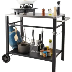 VEVOR Outdoor Grill Dining Cart with Double-Shelf, BBQ Movable Food Prep Table, Multifunctional Stainless Steel Table Top, Portable Modular Carts for Pizza Oven, Worktable with 2 Wheels, Carry Handle