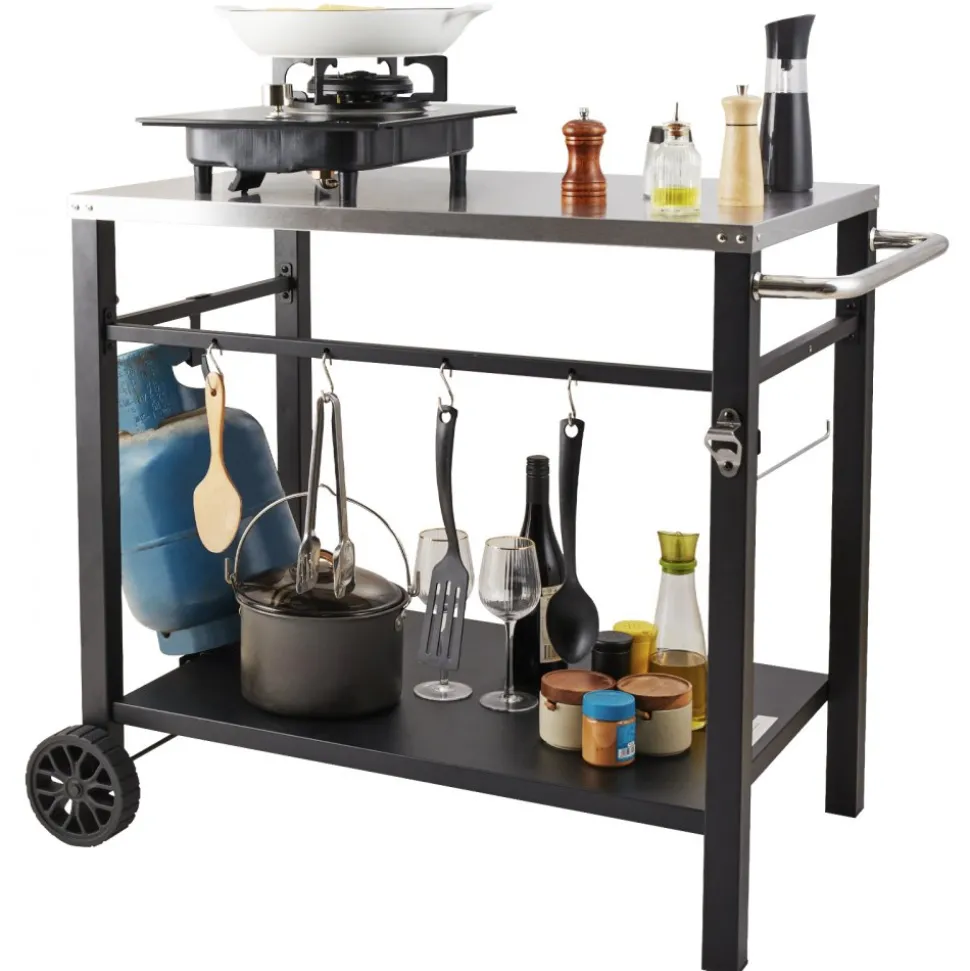 VEVOR Outdoor Grill Dining Cart with Double-Shelf, BBQ Movable Food Prep Table, Multifunctional Stainless Steel Table Top, Portable Modular Carts for Pizza Oven, Worktable with 2 Wheels, Carry Handle