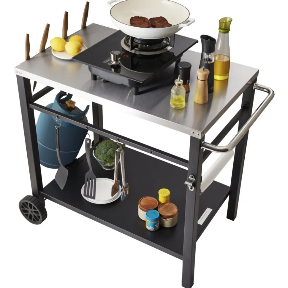 VEVOR Outdoor Grill Dining Cart with Double-Shelf, BBQ Movable Food Prep Table, Multifunctional Stainless Steel Table Top, Portable Modular Carts for Pizza Oven, Worktable with 2 Wheels, Carry Handle