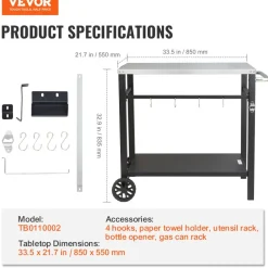 VEVOR Outdoor Grill Dining Cart with Double-Shelf, BBQ Movable Food Prep Table, Multifunctional Stainless Steel Table Top, Portable Modular Carts for Pizza Oven, Worktable with 2 Wheels, Carry Handle