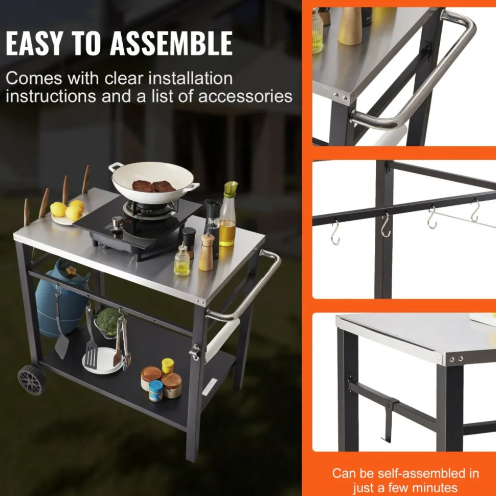 VEVOR Outdoor Grill Dining Cart with Double-Shelf, BBQ Movable Food Prep Table, Multifunctional Stainless Steel Table Top, Portable Modular Carts for Pizza Oven, Worktable with 2 Wheels, Carry Handle