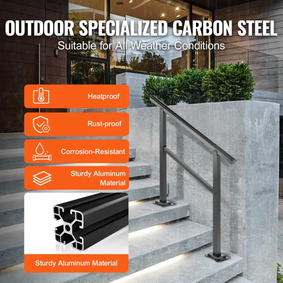 VEVOR Outdoor Handrail 165LBS Load Handrail Outdoor Stairs Aluminum Stair Handrail 36 x 35" Outdoor Stair Railing Transitional Range from 0 to 30° Staircase Handrail Fits 2-3 Steps with Screw Kit