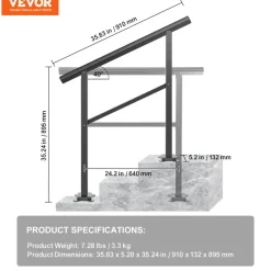 VEVOR Outdoor Handrail 165LBS Load Handrail Outdoor Stairs Aluminum Stair Handrail 36 x 35