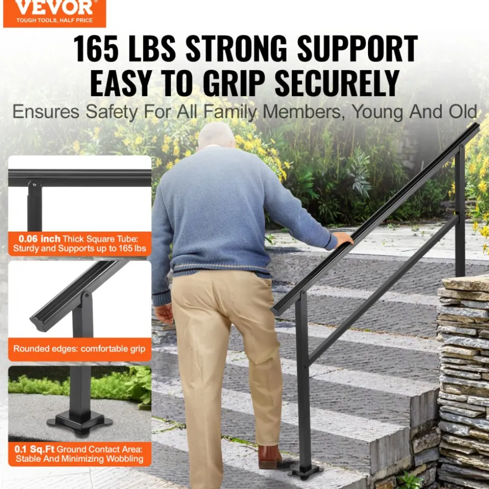VEVOR Outdoor Handrail 165LBS Load Handrail Outdoor Stairs Aluminum Stair Handrail 60 x 35" Outdoor Stair Railing Transitional Range from 0 to 30° Staircase Handrail Fits 4-5 Steps with Screw Kit