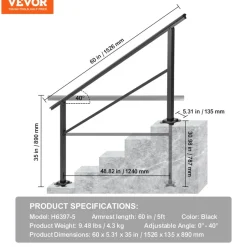 VEVOR Outdoor Handrail 165LBS Load Handrail Outdoor Stairs Aluminum Stair Handrail 60 x 35