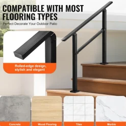 VEVOR Outdoor Handrails for Steps, 2-3 Step Stair Rail Kit, Black Square Tube with Horizontal Bar, Carbon Steel Support Rails for Seniors, Concrete & Deck Stairs, Easy Installation