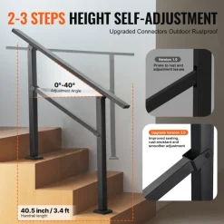 VEVOR Outdoor Handrails for Steps, 2-3 Step Stair Rail Kit, Black Square Tube with Horizontal Bar, Carbon Steel Support Rails for Seniors, Concrete & Deck Stairs, Easy Installation