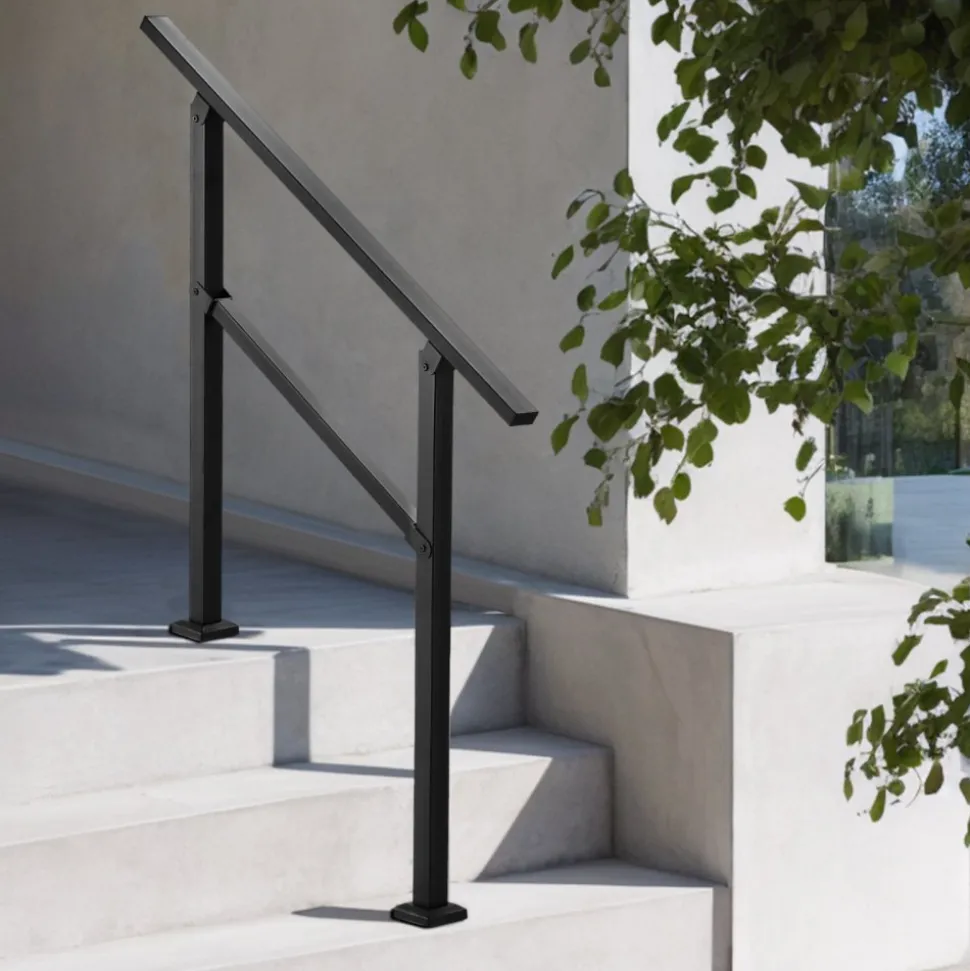 VEVOR Outdoor Handrails for Steps, 2-3 Step Stair Rail Kit, Black Square Tube with Horizontal Bar, Carbon Steel Support Rails for Seniors, Concrete & Deck Stairs, Easy Installation