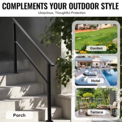 VEVOR Outdoor Handrails for Steps, 4-5 Step Stair Rail Kit, Black Square Tube with Horizontal Bar, Carbon Steel Support Rails for Seniors, Concrete & Deck Stairs, Easy Installation