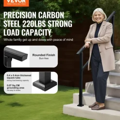 VEVOR Outdoor Handrails for Steps, 4-5 Step Stair Rail Kit, Black Square Tube with Horizontal Bar, Carbon Steel Support Rails for Seniors, Concrete & Deck Stairs, Easy Installation