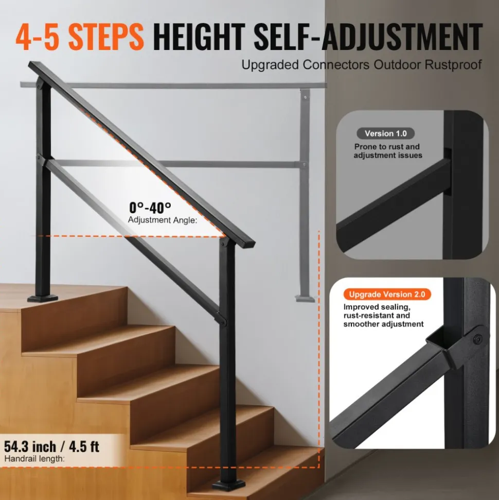 VEVOR Outdoor Handrails for Steps, 4-5 Step Stair Rail Kit, Black Square Tube with Horizontal Bar, Carbon Steel Support Rails for Seniors, Concrete & Deck Stairs, Easy Installation