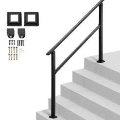 VEVOR Outdoor Handrails for Steps, 4-5 Step Stair Rail Kit, Black Square Tube with Horizontal Bar, Carbon Steel Support Rails for Seniors, Concrete & Deck Stairs, Easy Installation