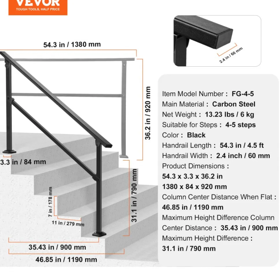 VEVOR Outdoor Handrails for Steps, 4-5 Step Stair Rail Kit, Black Square Tube with Horizontal Bar, Carbon Steel Support Rails for Seniors, Concrete & Deck Stairs, Easy Installation