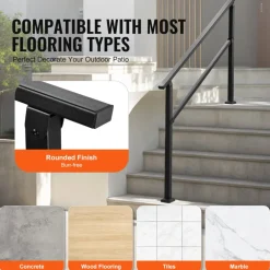 VEVOR Outdoor Handrails for Steps, 4-5 Step Stair Rail Kit, Black Square Tube with Horizontal Bar, Carbon Steel Support Rails for Seniors, Concrete & Deck Stairs, Easy Installation