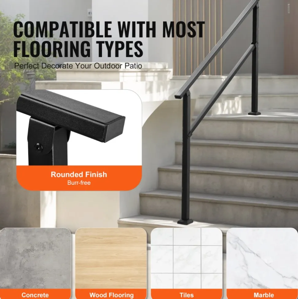 VEVOR Outdoor Handrails for Steps, 4-5 Step Stair Rail Kit, Black Square Tube with Horizontal Bar, Carbon Steel Support Rails for Seniors, Concrete & Deck Stairs, Easy Installation