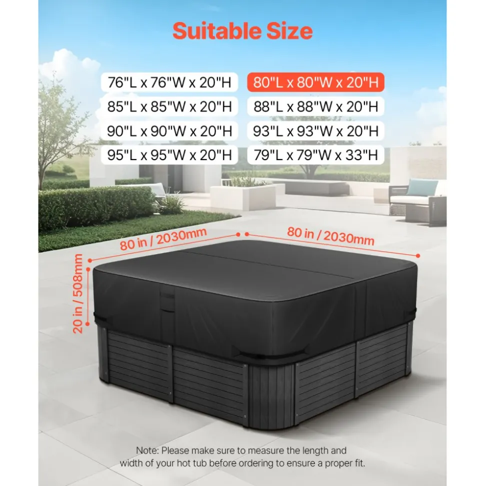 VEVOR Outdoor Hot Tub Cover, 80 x 80 x 20 Inch Weatherproof and Waterproof Hot Tub Cover Protector, 600D Heavy Duty Oxford Fabric and 950N Tearing Strength, Square Spa Covers for Hottub, Black