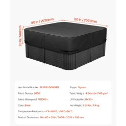 VEVOR Outdoor Hot Tub Cover, 80 x 80 x 20 Inch Weatherproof and Waterproof Hot Tub Cover Protector, 600D Heavy Duty Oxford Fabric and 950N Tearing Strength, Square Spa Covers for Hottub, Black