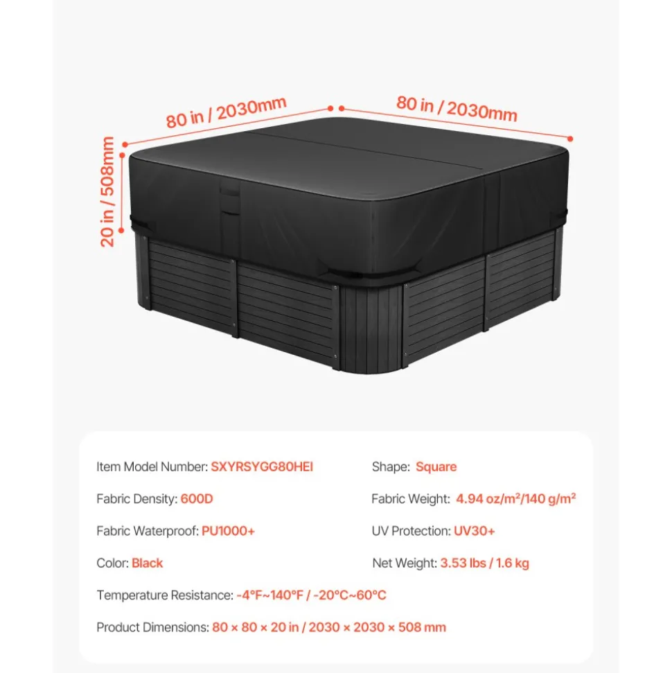 VEVOR Outdoor Hot Tub Cover, 80 x 80 x 20 Inch Weatherproof and Waterproof Hot Tub Cover Protector, 600D Heavy Duty Oxford Fabric and 950N Tearing Strength, Square Spa Covers for Hottub, Black