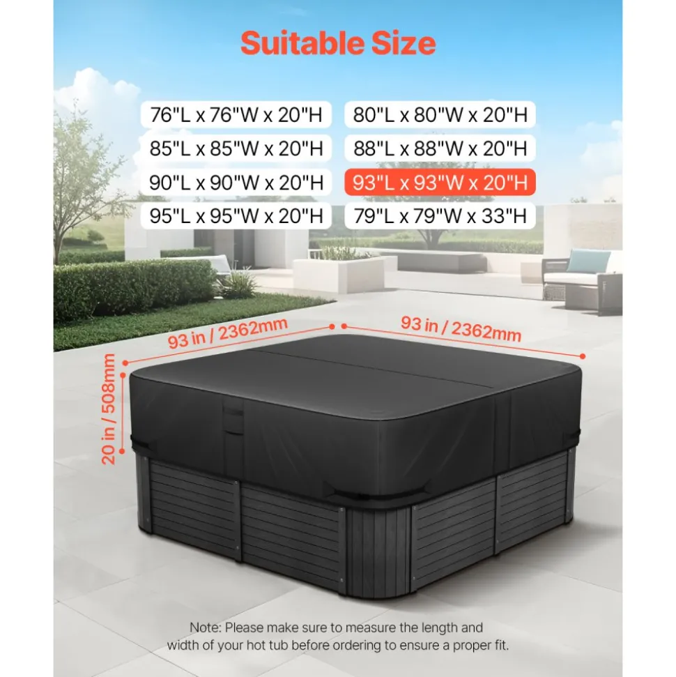 VEVOR Outdoor Hot Tub Cover, 93 x 93 x 20 Inch Weatherproof and Waterproof Hot Tub Cover Protector, 600D Heavy Duty Oxford Fabric and 950N Tearing Strength, Square Spa Covers for Hottub, Black