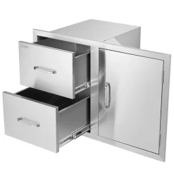 VEVOR Outdoor Kitchen Door Drawer Combo 32.5" W x 21.6" H x 20.5''D, Access Door/Double Drawers with Paper Towel Rack, BBQ Island Drawers with Stainless Steel Handles for Outdoor Kitchen