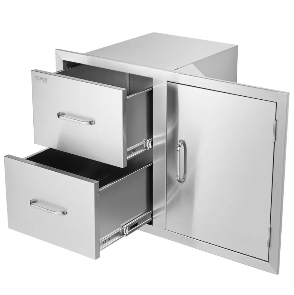 VEVOR Outdoor Kitchen Door Drawer Combo 32.5" W x 21.6" H x 20.5''D, Access Door/Double Drawers with Paper Towel Rack, BBQ Island Drawers with Stainless Steel Handles for Outdoor Kitchen
