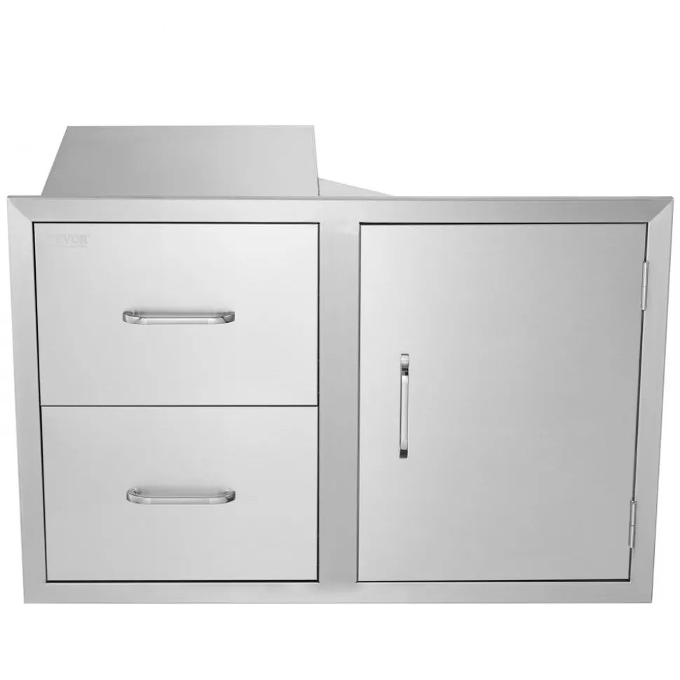 VEVOR Outdoor Kitchen Door Drawer Combo 32.5" W x 21.6" H x 20.5''D, Access Door/Double Drawers with Paper Towel Rack, BBQ Island Drawers with Stainless Steel Handles for Outdoor Kitchen
